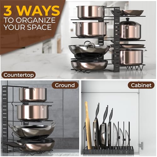 Image of Amazon Brand - Umi 3 DIY Methods Iron Metal Portable Rack Organizer for Pots & Pans | 8 Pans Holder, 4-tiers Each side | Cabinet Pantry Pot Pan Lid Holder (Black)