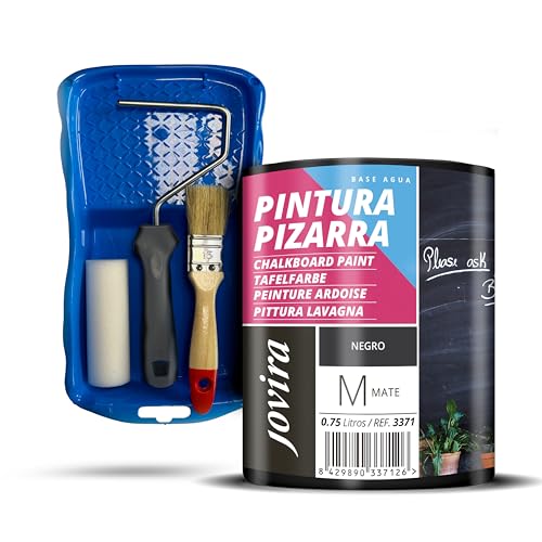 JOVIRA PINTURAS Pintura Pizarra al agua + Minicubeta, Rodillo Espuma, Varilla y Paletina. (750 Mililitros, Negro + Minikit Pizarra) C-38-K