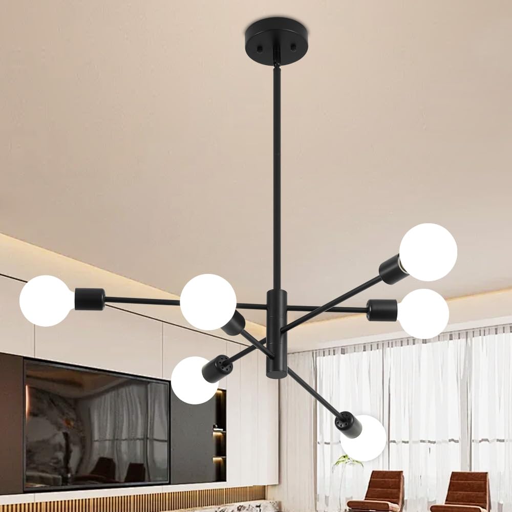 Sputnik Chandelier, Black Modern Industrial Chandeliers 6-Light, Mid Century Ceiling Lighting Fixture for Living Room, Kitchen, Bedroom, Dining Room, Farmhouse