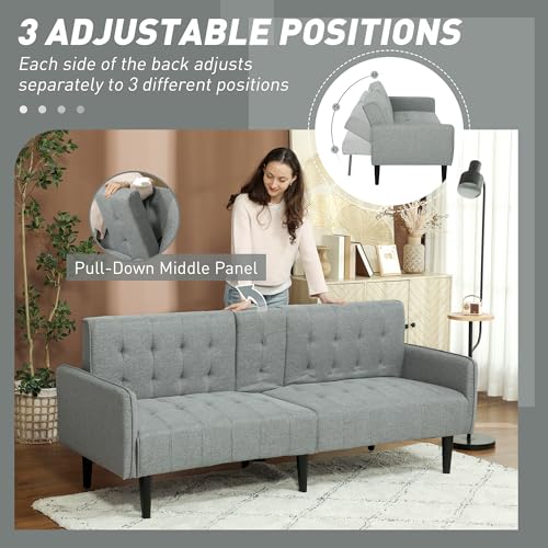 HOMCOM Click Clack Sofa Bed, Linen-Feel Fabric 3 Seater Sofa for Living Room/Spare Room/Guest Room, Bed Settee with Cup Holders, Light Grey - Image 6