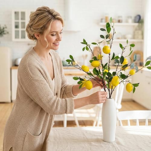 HUASHENGJS Artificial Lemon Branches Set of 3 – 37" Faux Lemons with Stem for Kitchen Decor Farmhouse Flower Arrangement Table Centerpiece Vase Filler Home Office Party Decoration by HUASHENGJS - Image 3