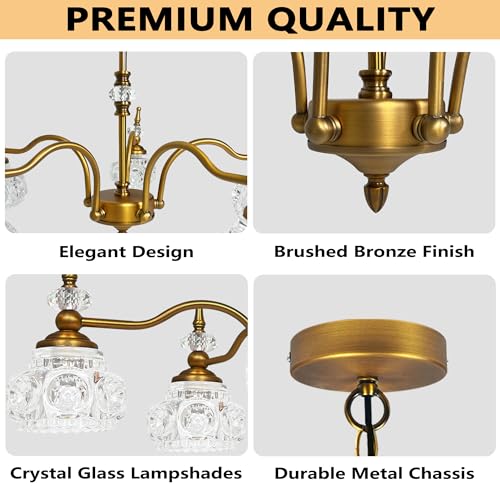 Montex CL005 Vintage Pendant Light Fixture 5 Lights Gold Brass Vintage Chandelier Crystal Glass Shade Brass Pendant thumb #2