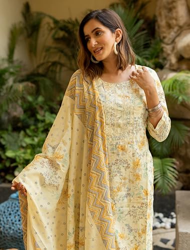 Image of MIRCHI FASHION Pure Cotton Floral Kurta Set for Women with Dupatta & Pant | 3 Piece Straight Fit Ethnic Outfit | Breathable Summer Salwar Suit