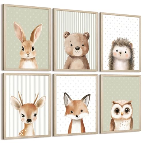 Woodland Animal Nursery Wall Art Decor Baby Kids Canvas Poster Safari Animal Wall Decor Jungle Forest Prints Bear Fox Deer Pictures Sage Green Painting Neutral Artwork for Bedroom 8x10x6 Inch Framed