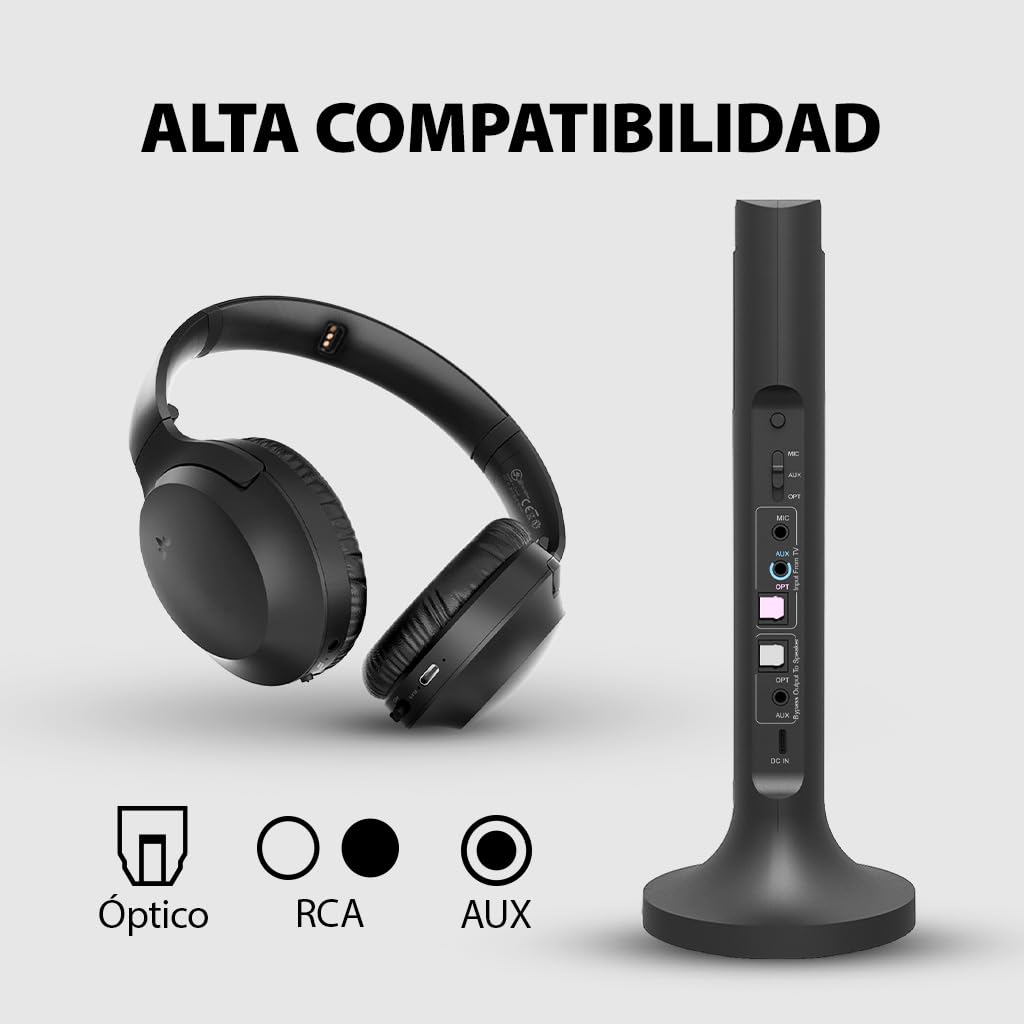 Avantree Opera - Auriculares Inalámbricos para Ver Televisión, Transmisor Bluetooth, Base de Carga, Modo Diálogo Claro, para TV, Auriculares con Volumen Mejorado para Personas Mayores, Alcance 50m