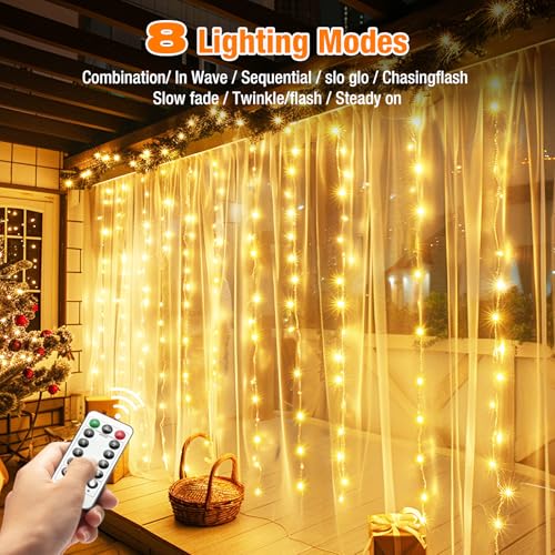 btfarm 3M x 3M Curtain Fairy Lights, 300 LED Remote Control Hanging String Lights USB Powered, 8 Modes Timer Dimmable Waterfall Window Lights for Indoor Wedding Party Garden Bedroom Decor, Warm White - Cosy Home Interiors btfarm 3M x 3M Curtain Fairy Lights, 300 LED Remote Control Hanging String Lights USB Powered, 8 Modes Timer Dimmable Waterfall Window Lights for Indoor Wedding Party Garden Bedroom Decor, Warm White - Image 2