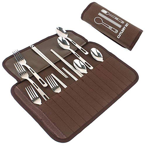 TUONABT Delicate and durable Outdoor 12-Piece Stainless Steel Cutlery Set, Portable Cutlery Picnic Bag, Suitable for Camping School Trips-Dark Grey (Color : Dark Grey)