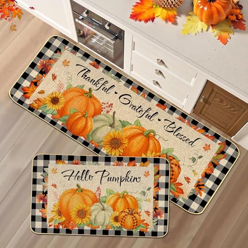 2 Pieces Hello Pumpkin Kitchen Mat Autumn Kitchen Rugs Thanksgiving