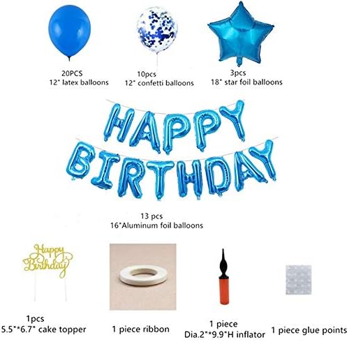 Topways® Blue Birthday Party Decorations, Inflated Blue Happy Birthday Alphabet Banners Balloons, Confetti Blue Balloons,Cake Topper for Girls Boys Birthday Supplies (Blue)