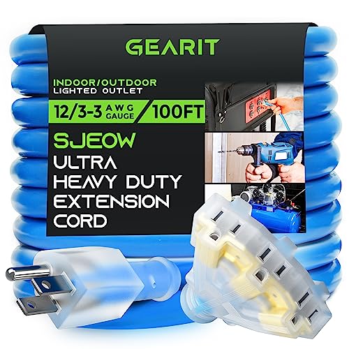 Gearit 12/3 Outdoor Extension Cord (100 Feet) 12 Awg Gauge - 3 Outlet, 3 Prong Plug - Sjeow Extreme Heavy Duty Cold Weather Indoor/Outdoor - Lighted Led Plug, Oil Water Weather Resistant - 100Ft #TOP10