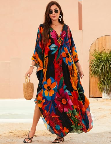 Image of MAKABO Kaftan Dresses for Women, V Neck Moo Moos Colorful Print Cover Ups Caftan Beach Dresses for Swimwear