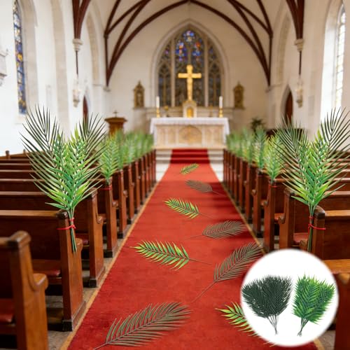 HFYZZ 50 Pcs 2 Size Easter Palm Leaves Stems for Palm Sunday Artificial Palm Leaves Tropical Faux Plants Branches for Church Holy Week Home Arrangement Hawaiian Luau Jungle Wedding Party