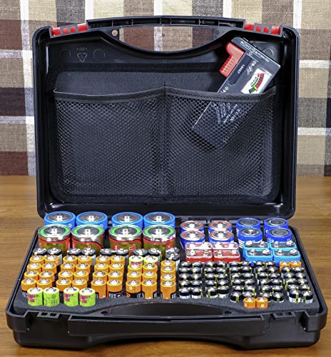 Hard Battery Storage Organizer case with Tester, Holding Over 180 C, D, AA, AAA, AAAA, Button Cell, 9V Batteries w/mesh Pocket Inside The lid(no Batteries)