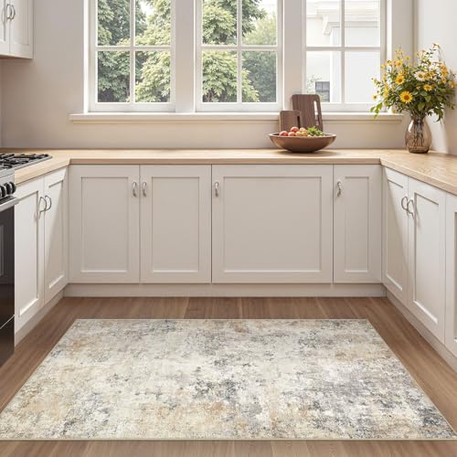 3x5 Area Rug Living Room Rugs - Washable Neutral Modern Abstract Soft Thin Rug Indoor Floor No Slip Rug Carpet for Bedroom Under Dining Table Home Office Decor - Golden Grey