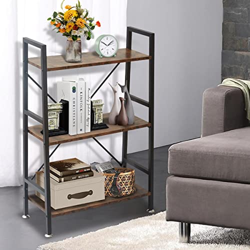 TooCust 3 Tier Open Book Shelf, 37\" x 23\" x 10.8\" 3 Tier Wood Bookshelf, 3 Shelf Bookcase, Vintage Standing Metal Frame Book Shelves, Rustic Brown