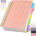 A5 Spiral Notebook with Dividers,300 Page Leather Hardcover Journal, 100GSM No-Bleed Paper,College Ruled 5 Subject Project Book Notepad for Work,School & Note Taking,Lined Note Pad for Women (Pink)