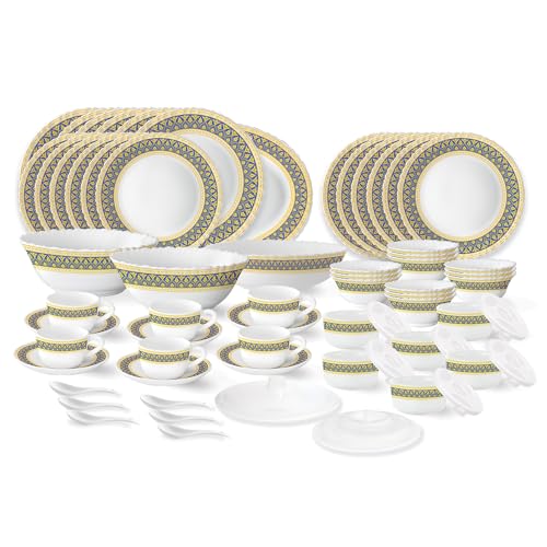Image of Larah by Borosil Regal Fluted Series Opalware Dinner Set | 66 Pieces for Family of 6 | Microwave & Dishwasher Safe | Bone-Ash Free | Crockery Set for Dining & Gifting | Plates & Bowls | White