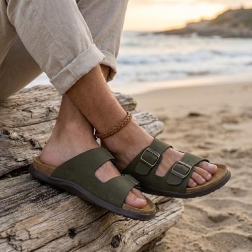 Image of CUSHIONAIRE Mars Double Buckle Slide Sandals for Men with Arch Support, Cork Footbed and EVA Outsole