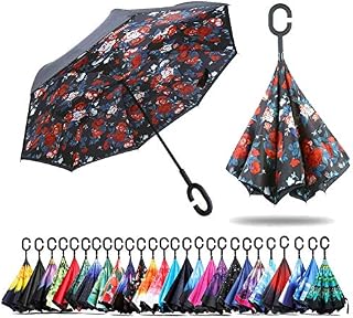 NNY Inc Double Layer Inverted Umbrella Cars Reverse Open Folding Umbrellas, Windproof UV Protection Large Self Stand Upside Down Straight Umbrella for Golf Women and Men with C-Shaped (Bella)