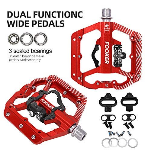 Fooker Mtb Mountain Bike Pedals 3 Bearing Flat Platform Compatible With Dual Function Sealed Clipless Aluminum 9/16" Pedals With Cleats For Road (Red 3 Bearings) #TOP3