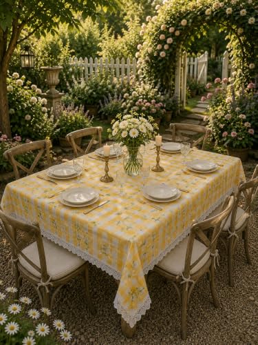 Image of Amazon Brand - Umi Cotton Tablecloth for 6-8 Seater Dining Table, Yellow Gingham Check Daisy Floral Print Rectangular Table Cover with Lace Trim 4 Corners, Farmhouse Cottage Style Washable Table Linen