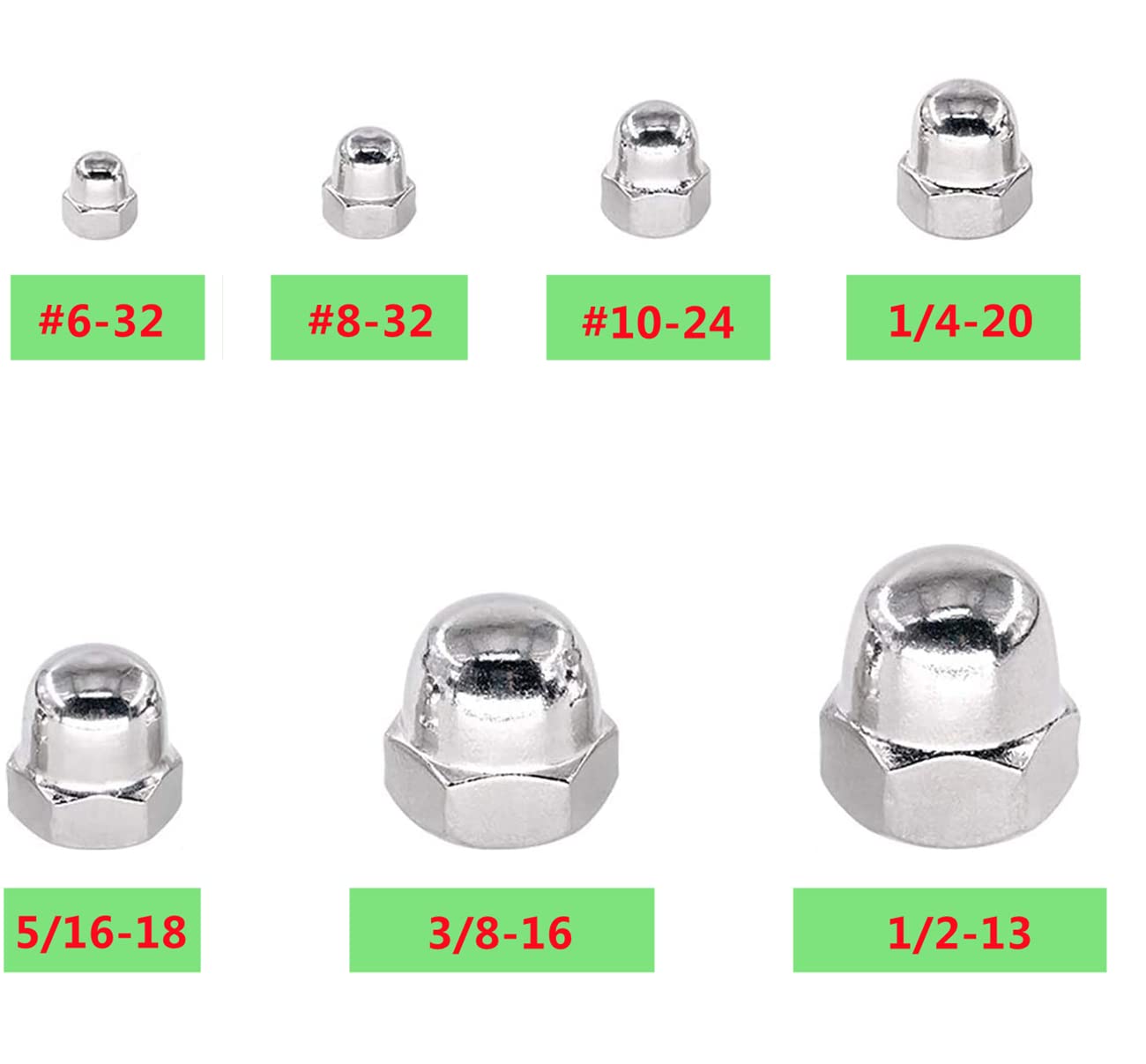 120 Pieces #6-32#8-32#10-24 1/4-20 5/16-18 3/8-16 1/2-13 UNC 304 Stainless Steel Acorn Dome Cap Head Hex Nuts Assortment Kit