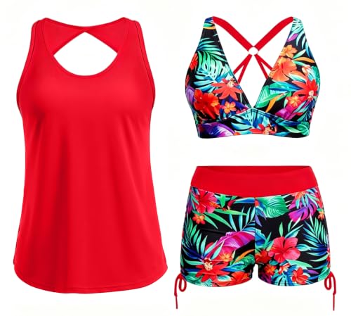Image of Yonique 3 Piece Tankini Swimsuits for Women Swim Tank Top Bathing Suits with Boy Shorts and Bra Athletic Swimwear