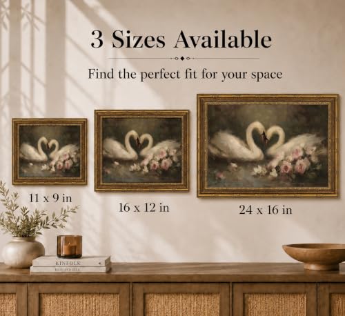 Image of Gold Framed 3D Textured Wall Art, Vintage Rose Swan Canvas Prints, Romantic Floral Heart Pictures Decor, French Country Couple Oil-Style Artwork for Living Room Bedroom Bathroom 11x9 in