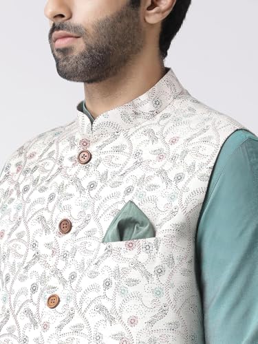 Image of KISAH Men Printed Kurta Jacket Set, Full Sleaves, Knee Length, Straight, Regular Fit, Mandarin Collar Ethnic Wear