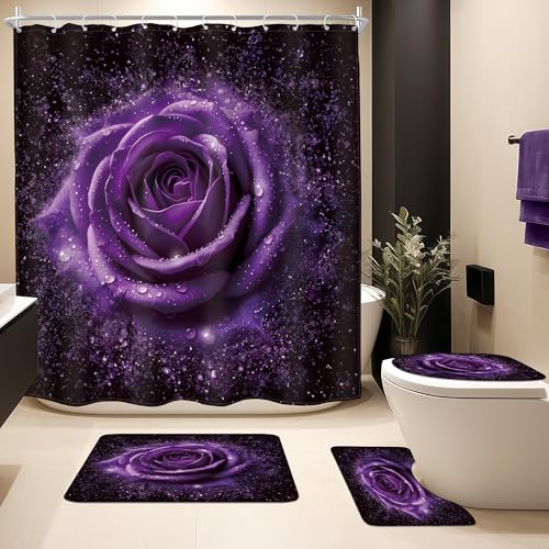 MESHELLY Black and Purple Rose Flower 4Pcs Shower Curtain Sets Blooming Floral Romantic Modern Women Bathroom Set Decor with Rug, Toilet Lid Cover, Bath Mat, Fashion Bathroom Curtain with 12 Hooks