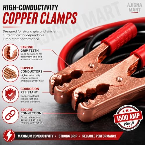 Image of 1500 AMP Heavy Duty Car Battery Booster Cable | Copper Jumper Cables with Alligator Clamps | Emergency Jump Start for Cars, SUVs & Trucks