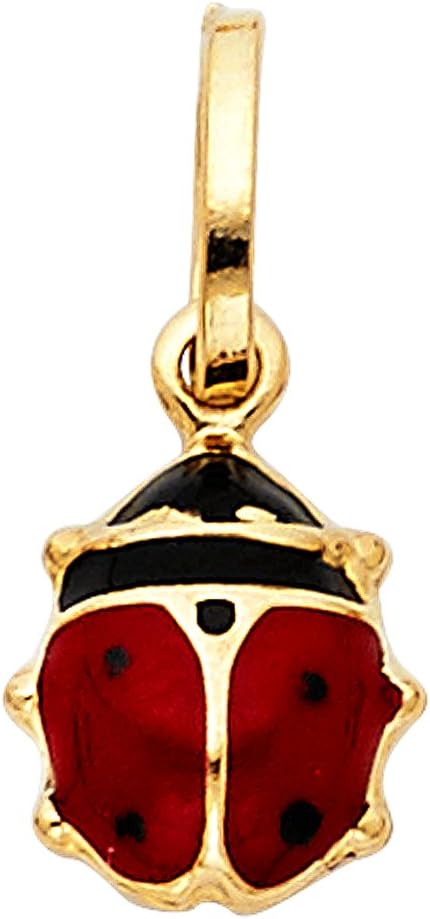 14K Yellow Gold Lady Bug Colored Enamel Lucky Charm Pendant with 0.6mm Box Chain Necklace - Image 2