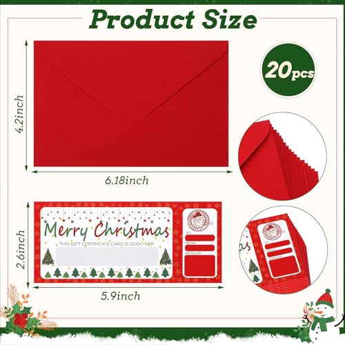 JULEASEL Christmas Gift Certificates, 20 Pcs Personalized Blank Certificates with Envelopes for Christmas, Gift Certificates for Kids, Fill In Your Merry Christmas Gift Idea for Kids