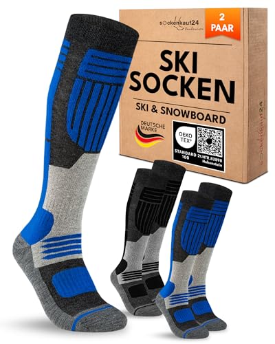 sockenkauf24 Herren Merino Skisocken 43-46 (2 Paar) Thermo Winter Kniestrümpfe mit Polsterung für Ski und Snowboard (Schwarz/Blau)