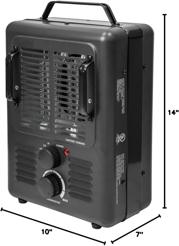 1500W Black Electric Utility Heater with Adjustable Thermostat - Overheat Protection, Ideal for Garage, Workshop, Home - Milkhouse Design for Efficient Heating