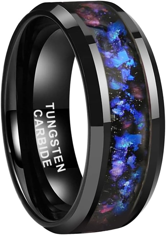 TUTISS 8mm Silver/Black Tungsten Rings for Men Women Orion Nebula Galaxy Opal Blue Gold Foils Inlay Engagement Wedding Promise Band Beveled Edges Polished Comfort Fit