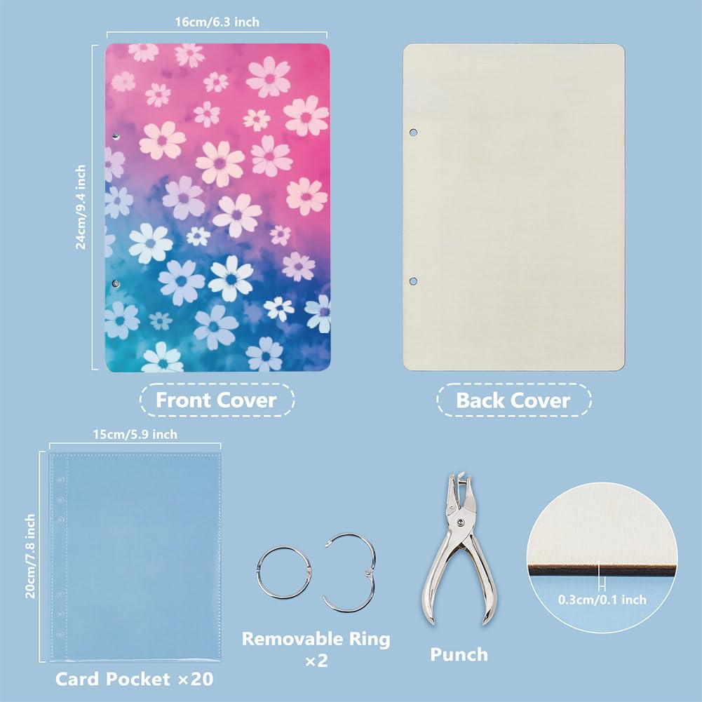 SUPERDANT White Flowers Greeting Card Organizer Colorful Flower Wooden Card Binder Postcard Keeper Storage with 2-Ring 20 Inner Pocket and Punch for Birthday Wedding Holiday Anniversaries Gift
