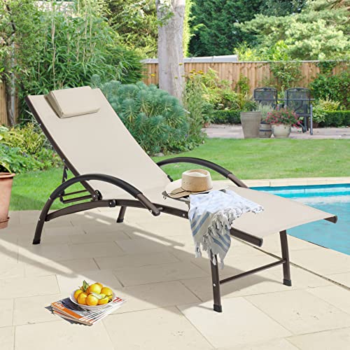 Crestlive Products Outdoor Chaise Lounge Chair Aluminum Adjustable Sun Tanning Chair All Weather Reclining Sunbathing Lounge for Lawn Beach Patio Poolside 1PC Tan