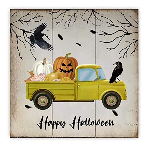 Panneau en bois Happy Halloween camion vert maison 40cm