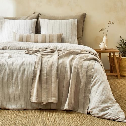 Image of VM VOUGEMARKET Minimalist Black Stripe Duvet Cover Set on Beige - Soft Washed Cotton Linen, Modern Neutral Ticking Striped Farmhouse Style,3 Pieces,Black&Beige,Queen Size