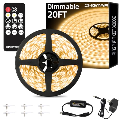 Image of 20ft LED Strip Lights with Remote, 3000K Warm Dimmable Tape Lights, 12V 360 LEDs 2835 Strong Adhesive Rope Lights for Cabinet Kitchen Ceiling Closet Vanity Mirror Stairway Basement
