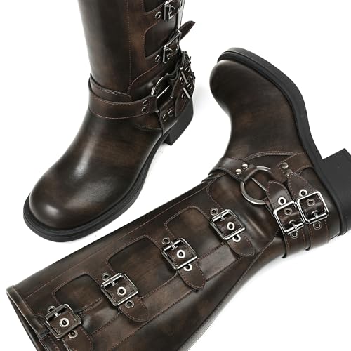 Image of AMINUGAL Knee High Boots Women Square Toe Pull On Wide Calf Riding Fashion Buckles Chunky Metallic Casual Vintage Buckle Rivet