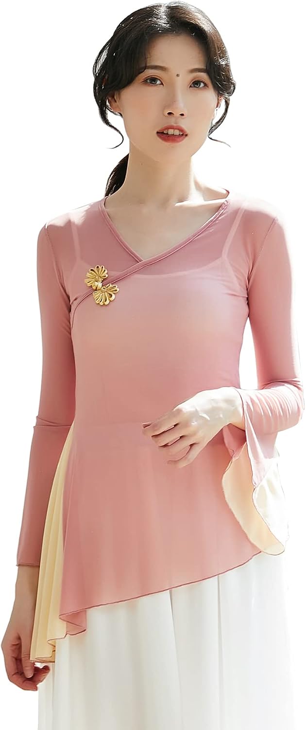 Angcoco Women's Chinese Traditional Long Sleeved See-Through Sheer Mesh Stretch Chiffon Dance Top