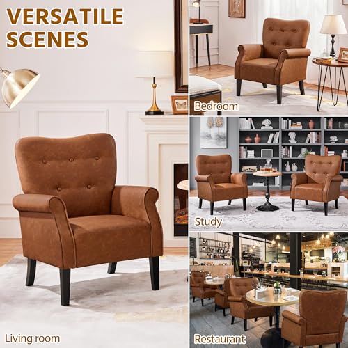 Yaheetech Modern Armchair, Mid Century PU Leather Accent Chair with Sturdy Wood Legs and High Back for Small Space, Upholstered Sofa Club Chair for Living Room/Bedroom/Office, Retro Brown - Image 6