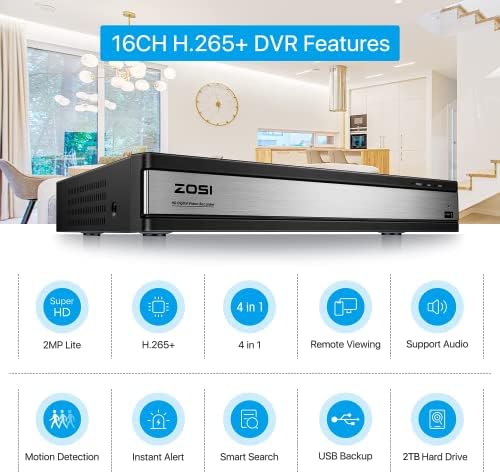 ZOSI H.265+ 1080p 16 Channel Security Camera System,16 Channel CCTV DVR with Hard Drive 2TB and 12 x 1080p Indoor Outdoor Dome Camera, 80ft Night Vision, 105° View Angle, Remote Control, Alert Push