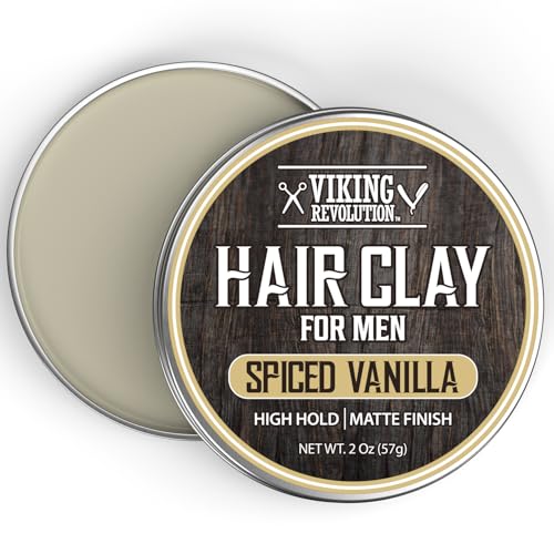 Image of Viking Revolution Spiced Vanilla Hair Clay for Men - Matte Finish, Texturizing Clay Pomade for Men with Jojoba Oil and Vitamin E - Effortless Hair Styling Cream - Strong Hold, Natural Finish (2 oz)