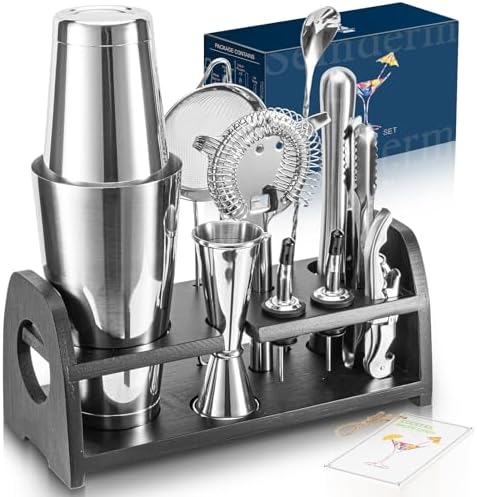 Boston Shaker Set, Weighted Cocktail Shaker & Mixology Bartender Kit - Heavy Duty 18/8 Stainless Steel Tins with Black Bamboo Stand - Includes Fine Mesh Strainer & Jigger - Thumbnail 2