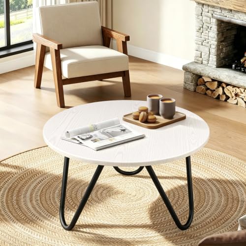 Image of Small Round Coffee Table for Living Room Wooden Circlar Coffee Table with Steel Legs Mid-Century Modern Center Table for Small Space Bedroom Home Office White
