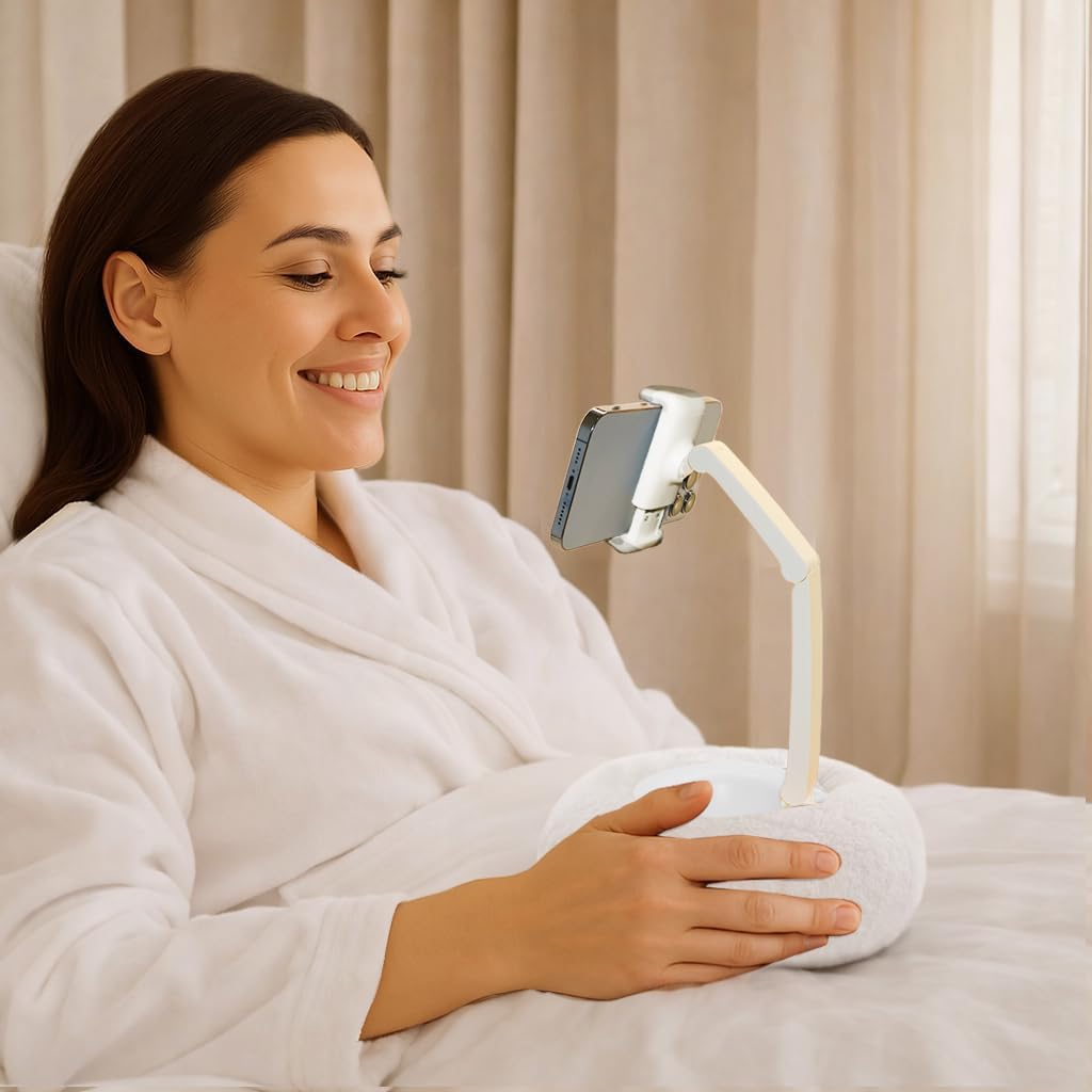 Upgraded Phone Holder for Bed,Dual Axis Arm 360°Adjustable Angle Height,30% Wider clamp,Bed Phone Holder Laying Downd with Bowl and Suction Cup Bottom,Phone Pillow Stand for 4-7” Phones,White