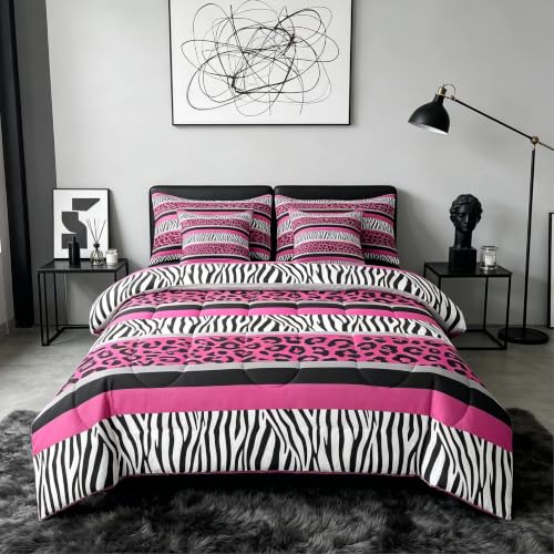 Feelyou Zebra Stripes Bed in a Bag Leopard Print 7 PCS Comforter & Sheets Kids Pink Black White Zebra Leopard Fur 7 PCS Bed in a Bag Set Wild Animal Skin Texture Comforter Set with Sheets Twin Size
